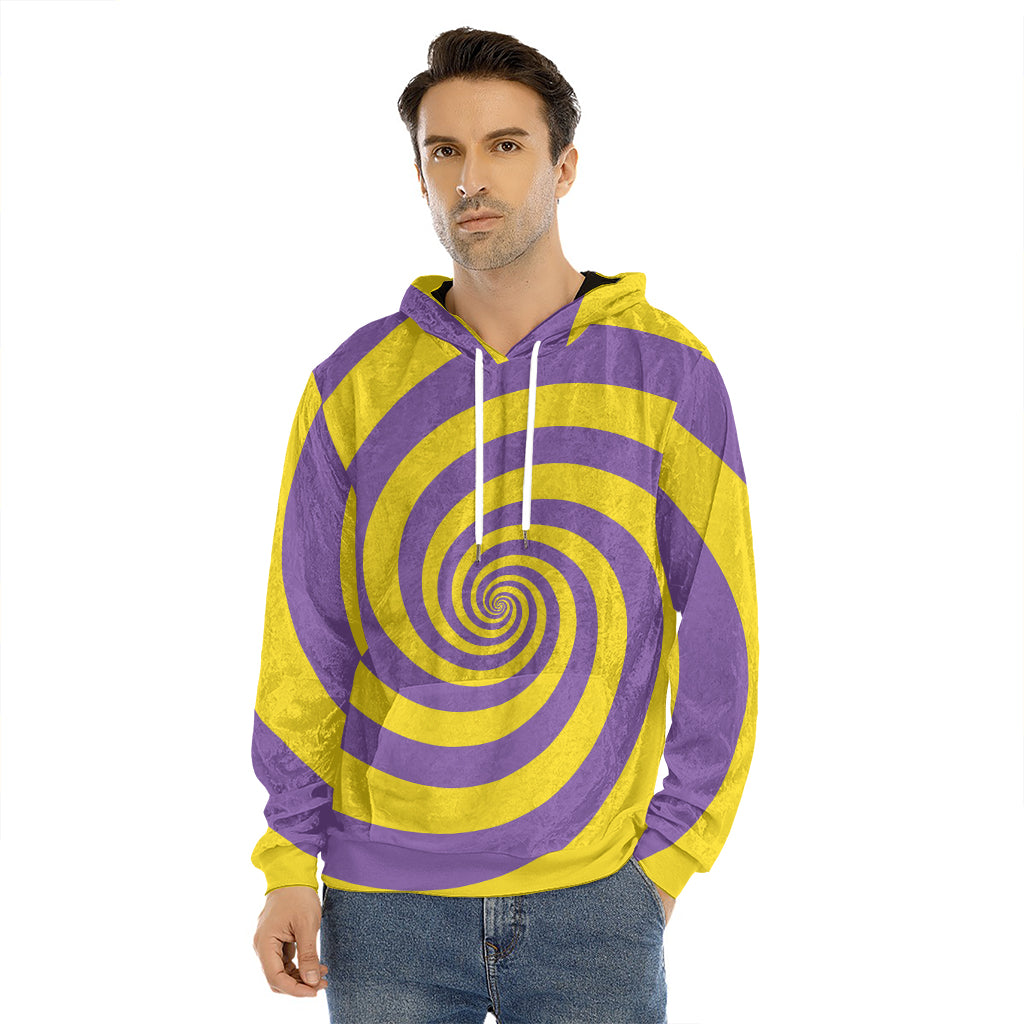 Purple And Yellow Spiral Illusion Print Men's Velvet Pullover Hoodie