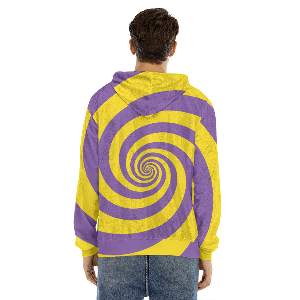 Purple And Yellow Spiral Illusion Print Men's Velvet Pullover Hoodie