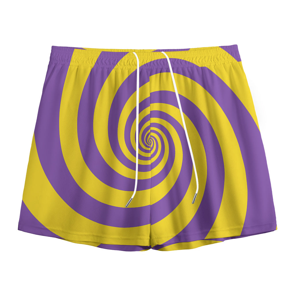 Purple And Yellow Spiral Illusion Print Mesh Shorts