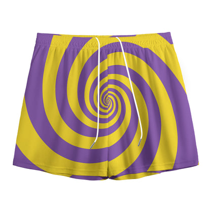 Purple And Yellow Spiral Illusion Print Mesh Shorts