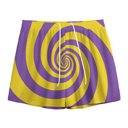 Purple And Yellow Spiral Illusion Print Mesh Shorts