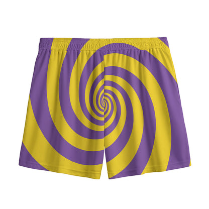 Purple And Yellow Spiral Illusion Print Mesh Shorts