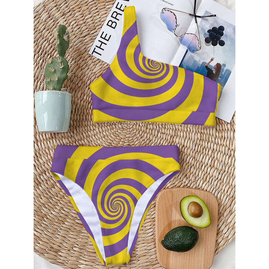 Purple And Yellow Spiral Illusion Print One Shoulder Bikini Top