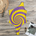 Purple And Yellow Spiral Illusion Print One Shoulder Bodysuit