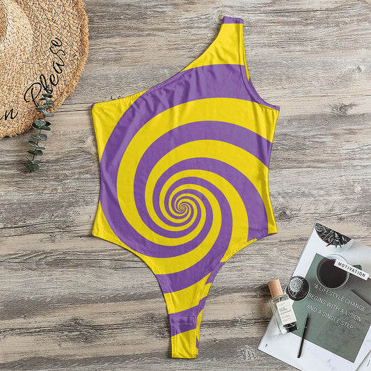 Purple And Yellow Spiral Illusion Print One Shoulder Bodysuit