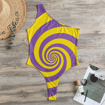 Purple And Yellow Spiral Illusion Print One Shoulder Bodysuit