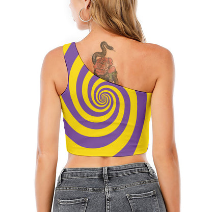 Purple And Yellow Spiral Illusion Print One Shoulder Crop Top