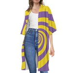 Purple And Yellow Spiral Illusion Print Open Front Beach Cover Up
