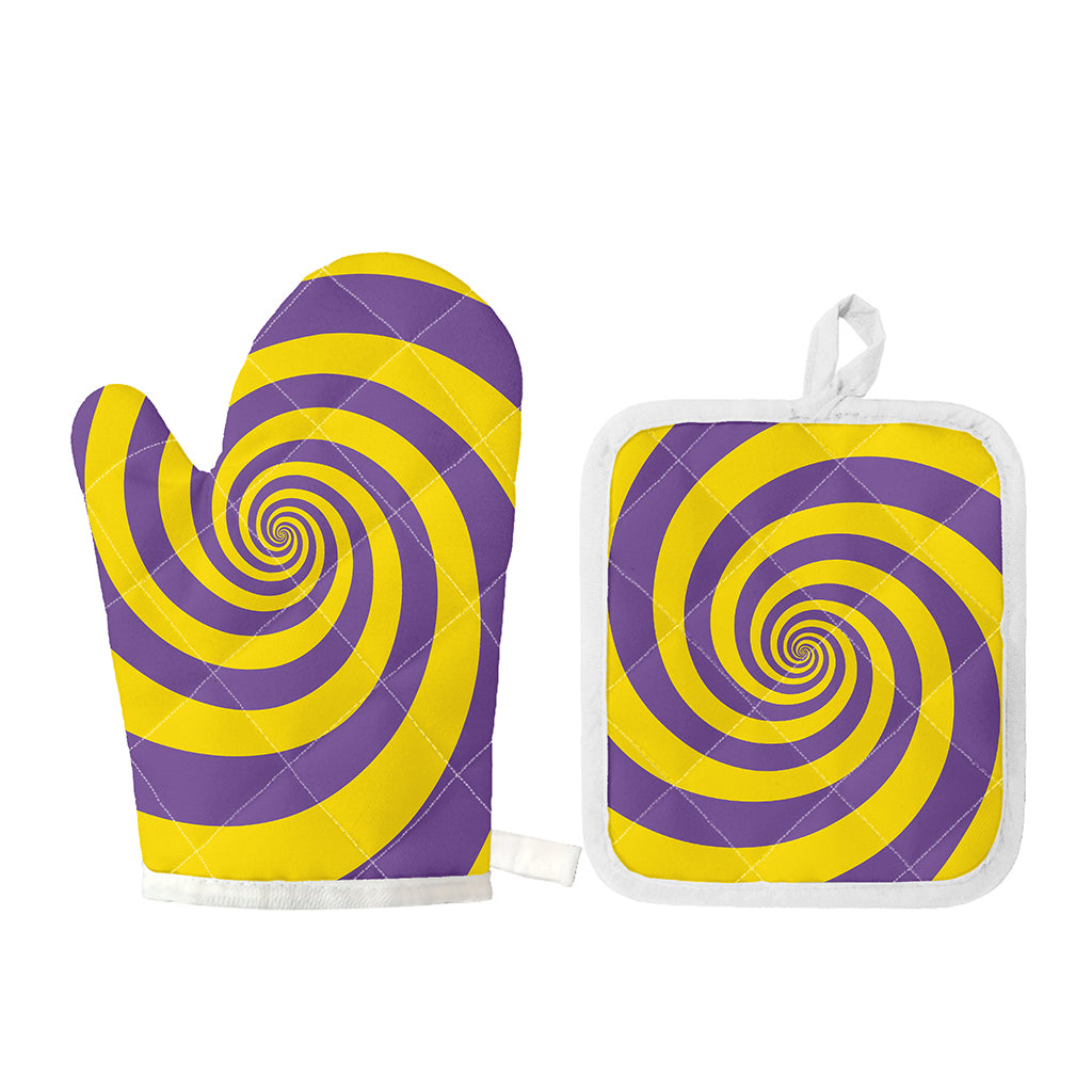 Purple And Yellow Spiral Illusion Print Oven Mitt And Pot Holder Set