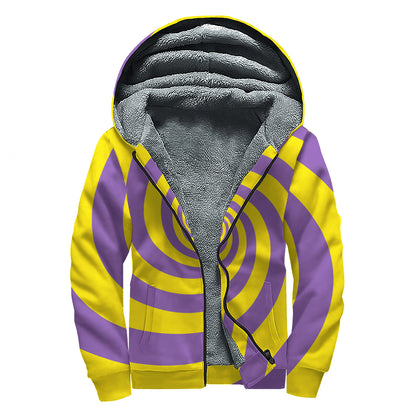 Purple And Yellow Spiral Illusion Print Sherpa Lined Zip Up Hoodie