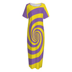 Purple And Yellow Spiral Illusion Print Short Sleeve Long Nightdress