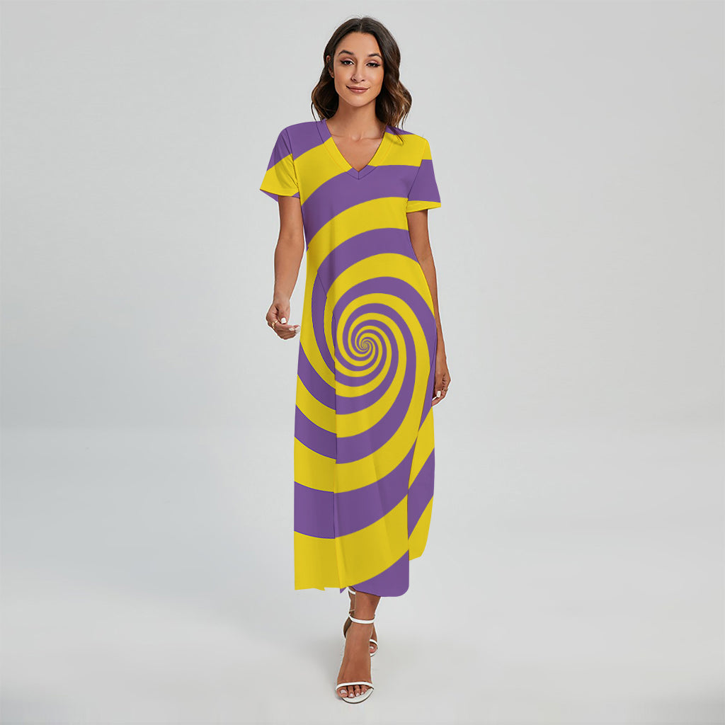 Purple And Yellow Spiral Illusion Print Short Sleeve Maxi Dress