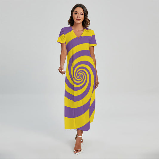 Purple And Yellow Spiral Illusion Print Short Sleeve Maxi Dress