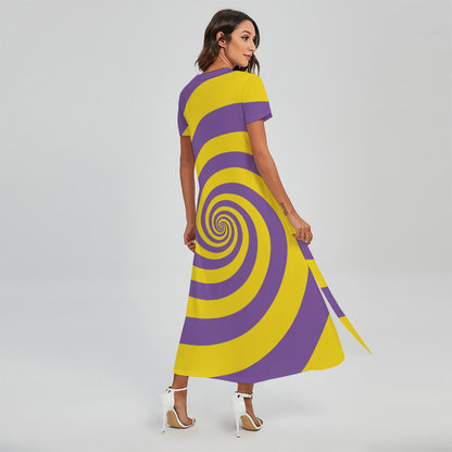 Purple And Yellow Spiral Illusion Print Short Sleeve Maxi Dress