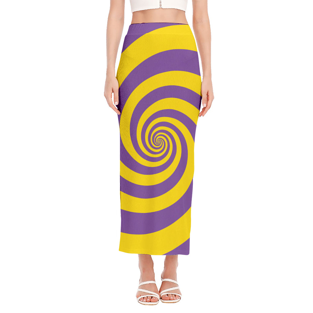 Purple And Yellow Spiral Illusion Print Side Slit Maxi Skirt