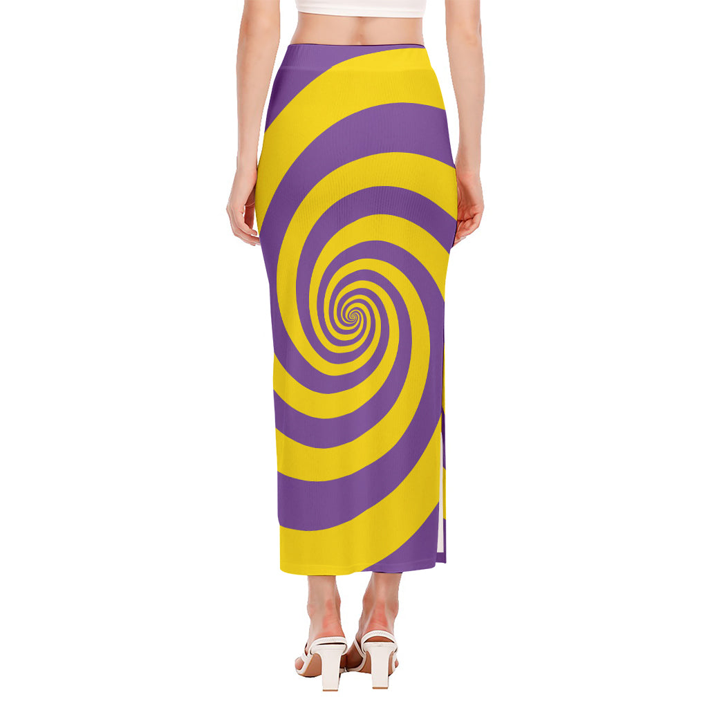 Purple And Yellow Spiral Illusion Print Side Slit Maxi Skirt