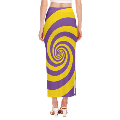 Purple And Yellow Spiral Illusion Print Side Slit Maxi Skirt