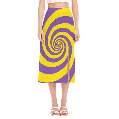 Purple And Yellow Spiral Illusion Print Side Slit Midi Skirt