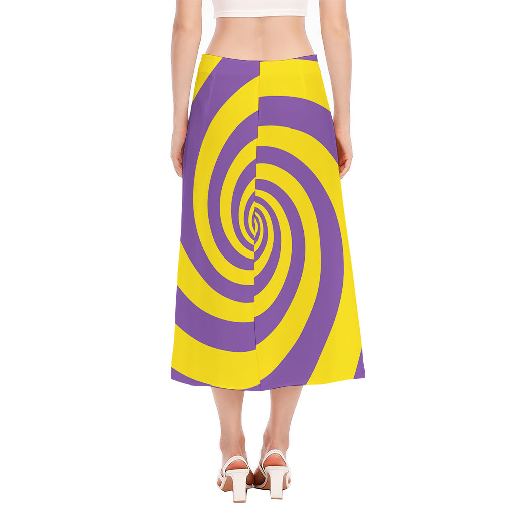 Purple And Yellow Spiral Illusion Print Side Slit Midi Skirt
