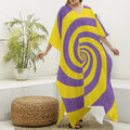 Purple And Yellow Spiral Illusion Print Silk V-Neck Kaftan Dress