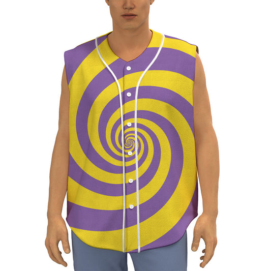 Purple And Yellow Spiral Illusion Print Sleeveless Baseball Jersey