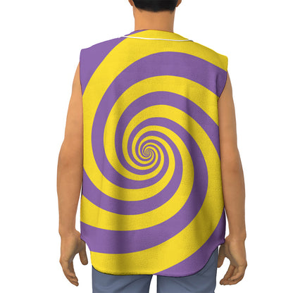 Purple And Yellow Spiral Illusion Print Sleeveless Baseball Jersey