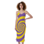 Purple And Yellow Spiral Illusion Print Slim Fit Midi Cami Dress