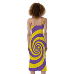 Purple And Yellow Spiral Illusion Print Slim Fit Midi Cami Dress