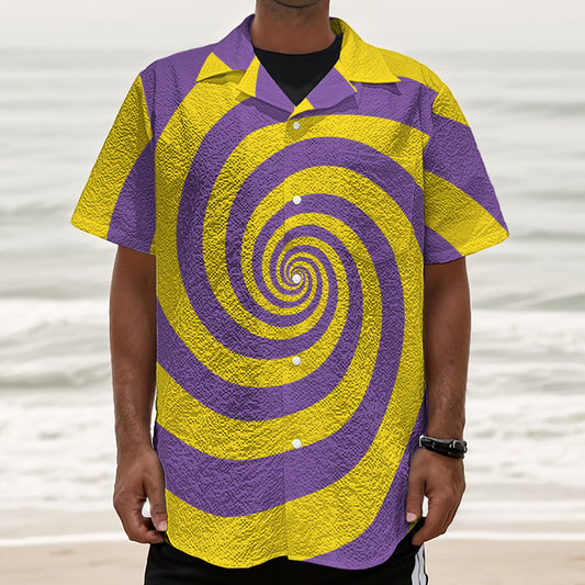 Purple And Yellow Spiral Illusion Print Textured Short Sleeve Shirt