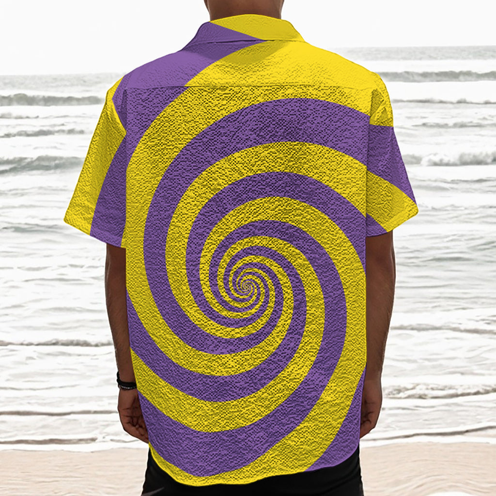 Purple And Yellow Spiral Illusion Print Textured Short Sleeve Shirt