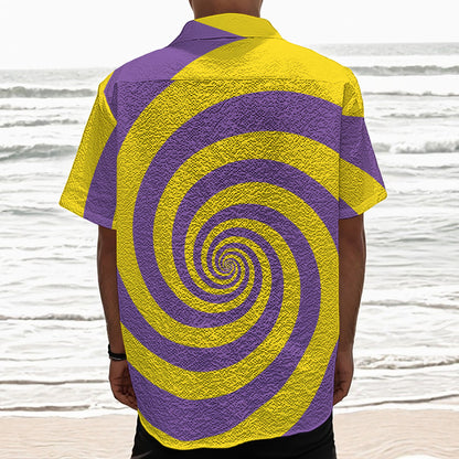 Purple And Yellow Spiral Illusion Print Textured Short Sleeve Shirt