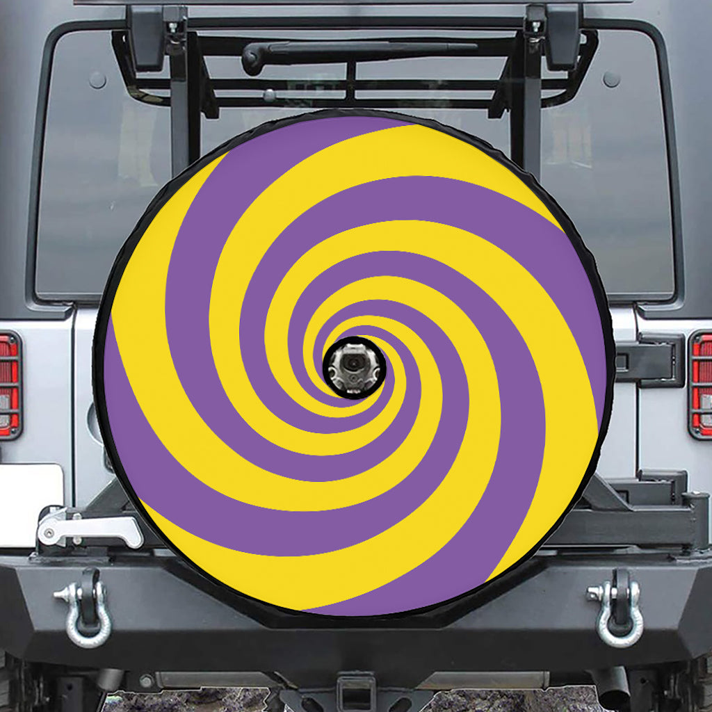 Purple And Yellow Spiral Illusion Print Tire Cover With Camera Hole