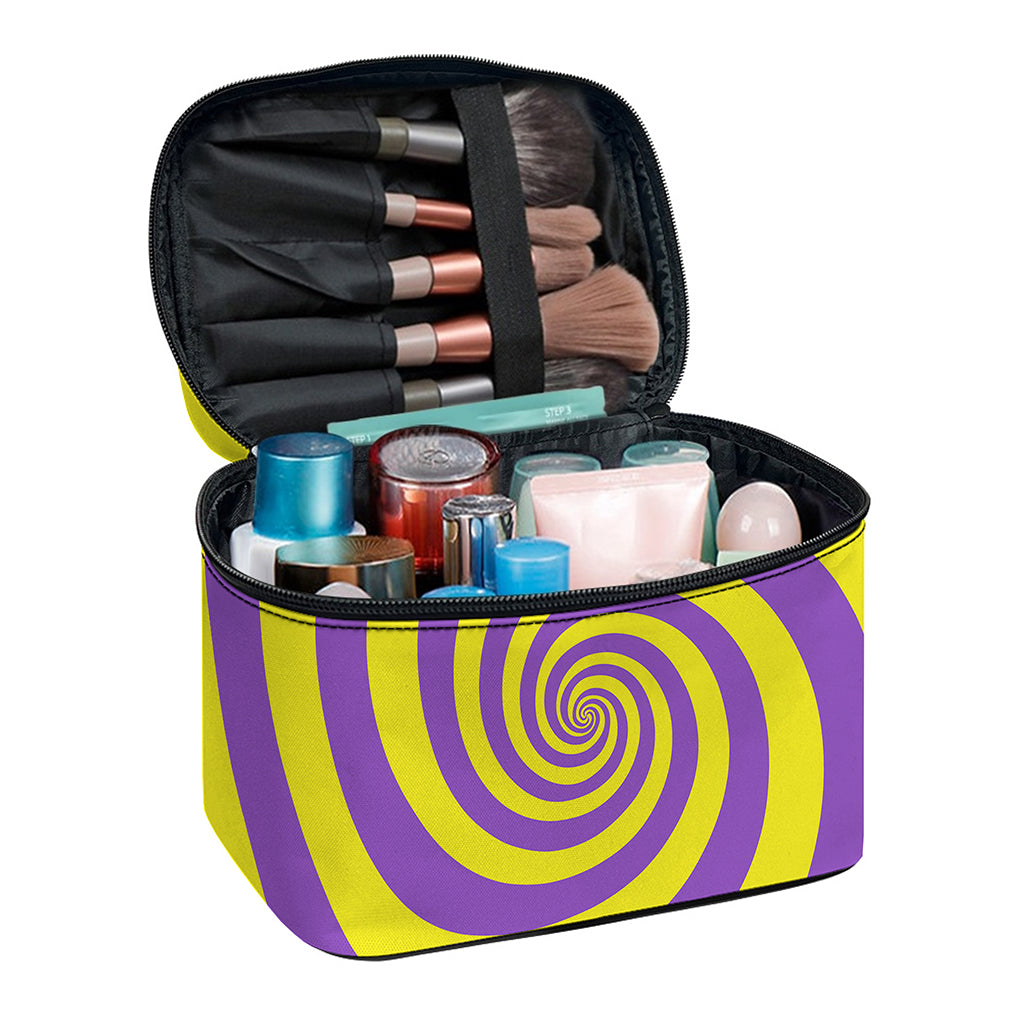 Purple And Yellow Spiral Illusion Print Travel Makeup Bag
