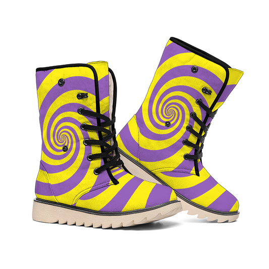 Purple And Yellow Spiral Illusion Print Winter Boots