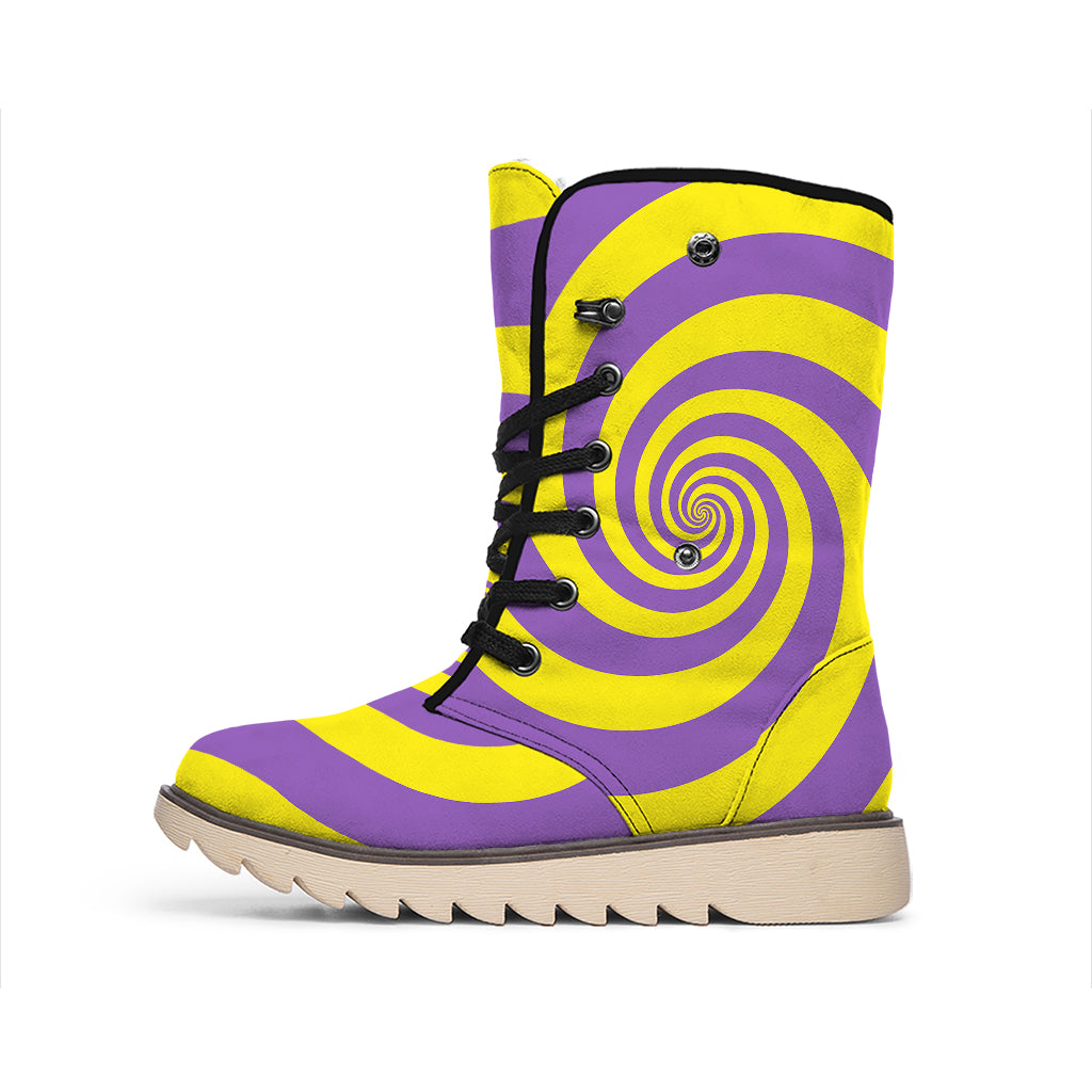 Purple And Yellow Spiral Illusion Print Winter Boots
