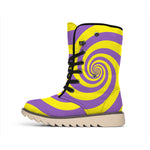 Purple And Yellow Spiral Illusion Print Winter Boots