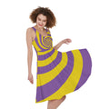 Purple And Yellow Spiral Illusion Print Sleeveless Knee Length Dress