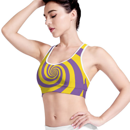 Purple And Yellow Spiral Illusion Print Women's Sports Bra