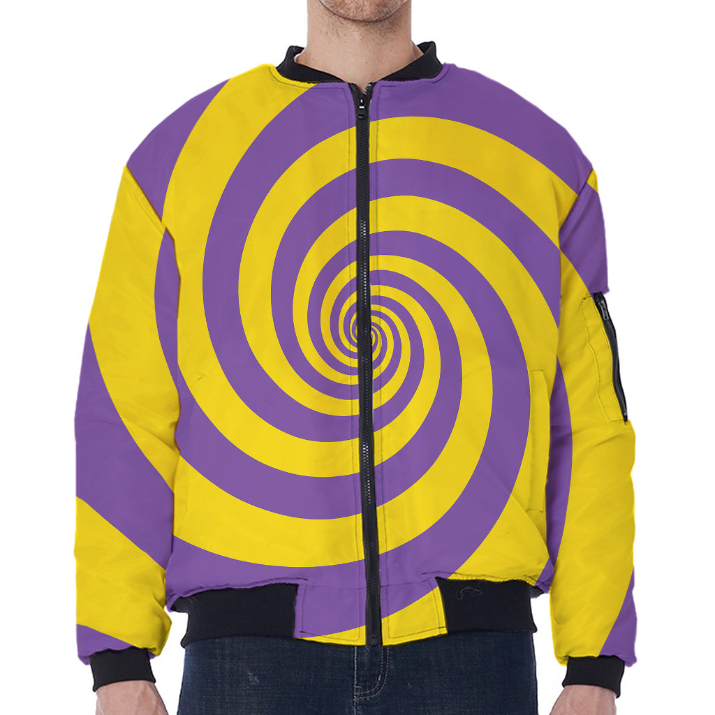 Purple And Yellow Spiral Illusion Print Zip Sleeve Bomber Jacket