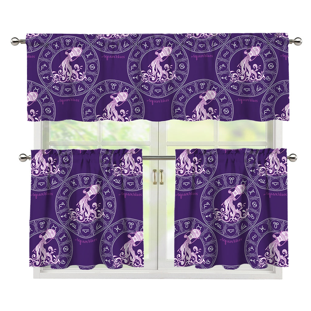 Purple Aquarius Zodiac Pattern Print 3 Piece Kitchen Curtains