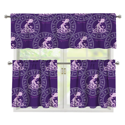 Purple Aquarius Zodiac Pattern Print 3 Piece Kitchen Curtains