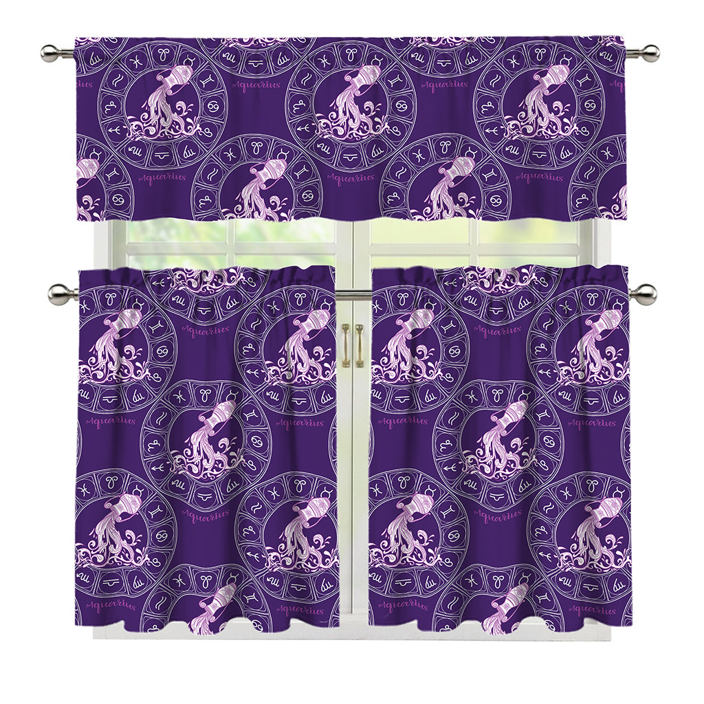 Purple Aquarius Zodiac Pattern Print 3 Piece Kitchen Curtains