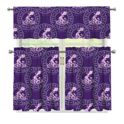 Purple Aquarius Zodiac Pattern Print 3 Piece Kitchen Curtains