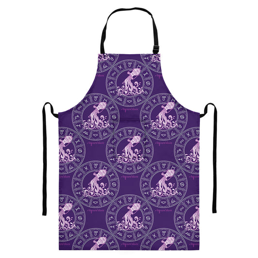Purple Aquarius Zodiac Pattern Print Bib Apron With Pocket