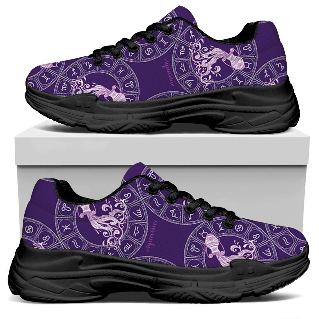 Purple Aquarius Zodiac Pattern Print Black Chunky Shoes