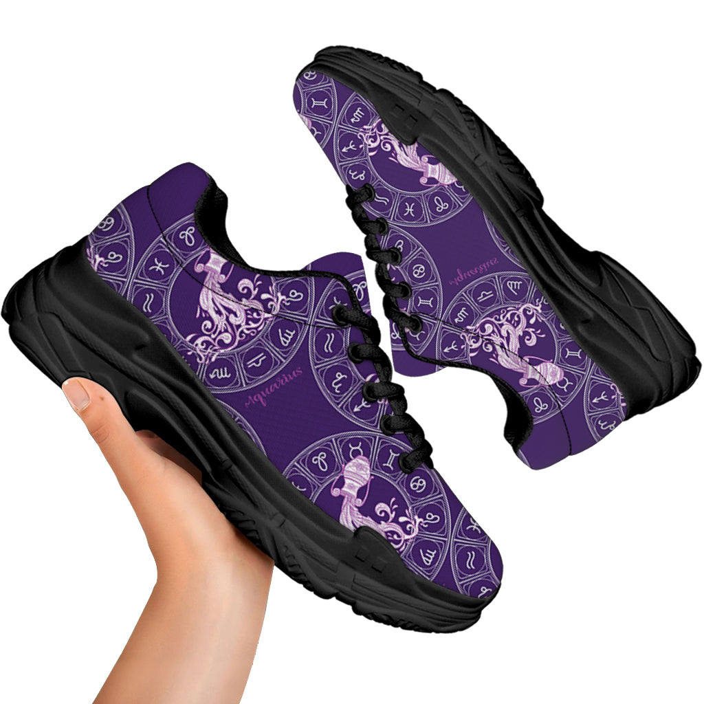 Purple Aquarius Zodiac Pattern Print Black Chunky Shoes