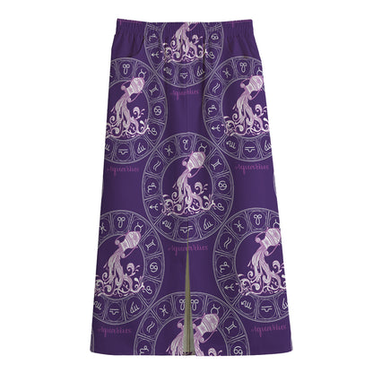 Purple Aquarius Zodiac Pattern Print Cotton Front Slit Maxi Skirt
