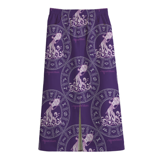 Purple Aquarius Zodiac Pattern Print Cotton Front Slit Maxi Skirt