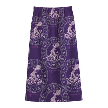 Purple Aquarius Zodiac Pattern Print Cotton Front Slit Maxi Skirt