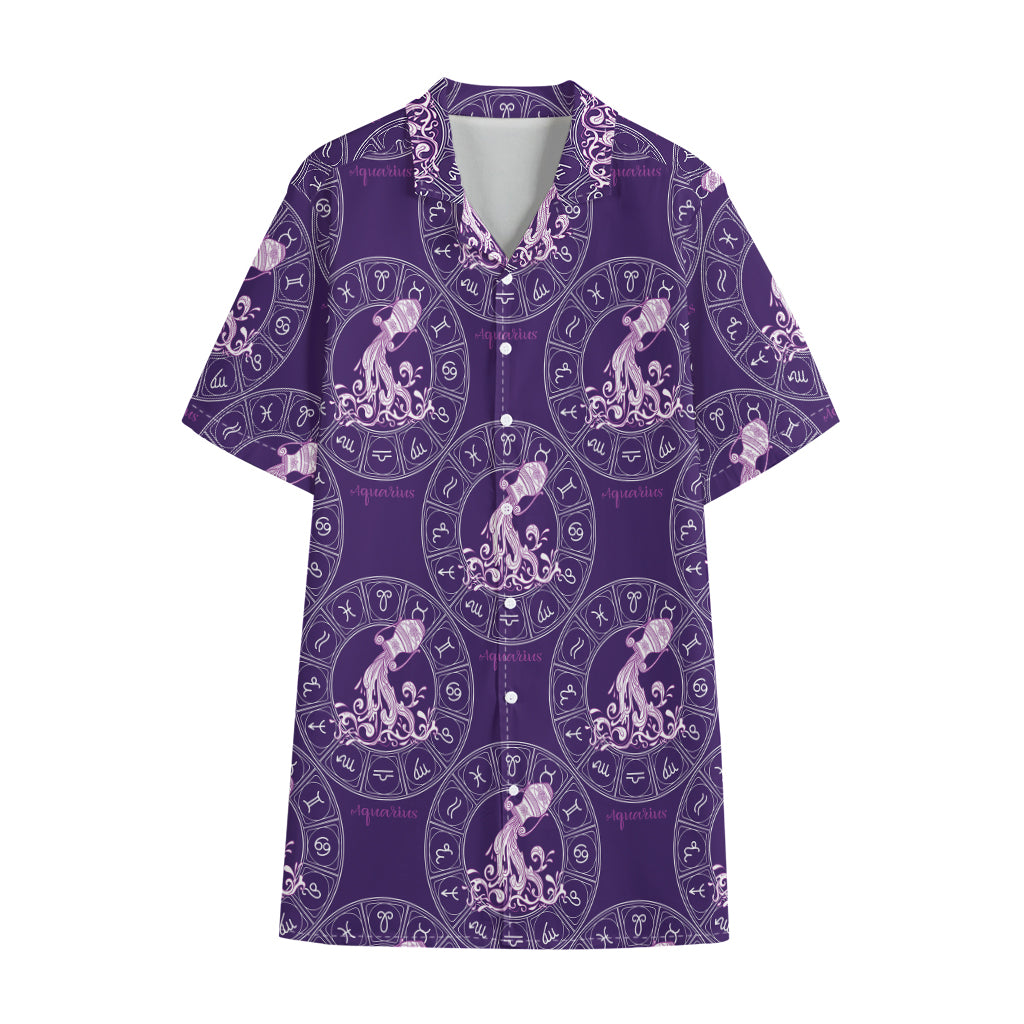 Purple Aquarius Zodiac Pattern Print Cotton Hawaiian Shirt